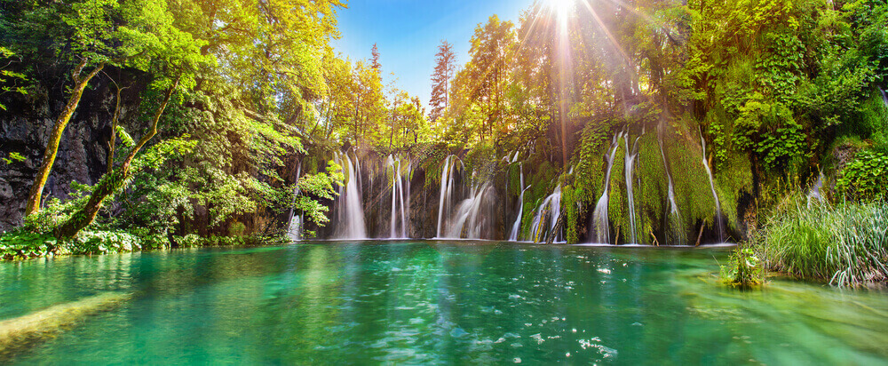 Cheap holiday to Croatia. Breathtaking waterfalls panorama in Plitvice Lakes National Park, Croatia, Europe.