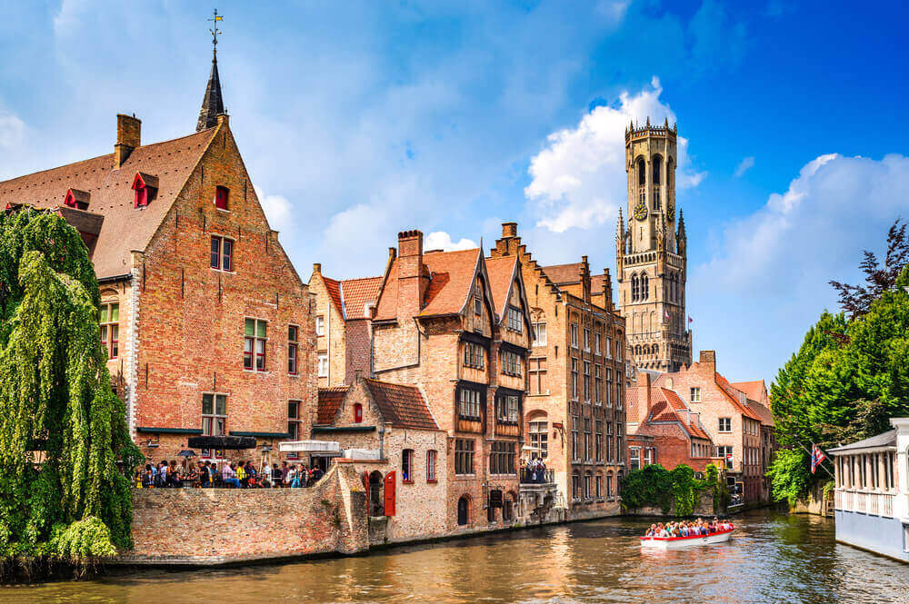 Scenery with water canal in Bruges, Venice of the North, cityscape of Flanders, Belgium.