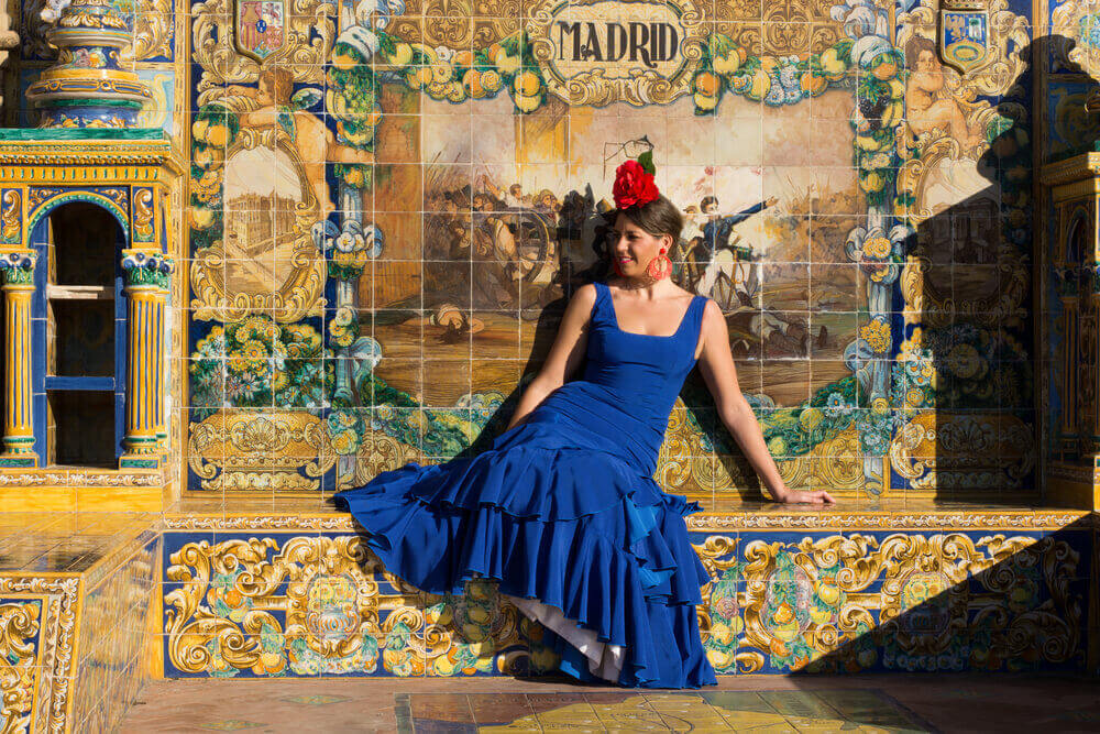 Beautiful Woman with flamenco dress. planning a trip to Spain