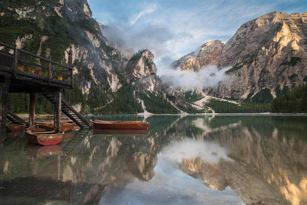 breathtaking landscapes in Europe. Beautiful lake Pragser Wildsee (Lago di Braies). Fanes-Sennes-Prags Nature Park, Dolomites in South Tyrol, Italy.