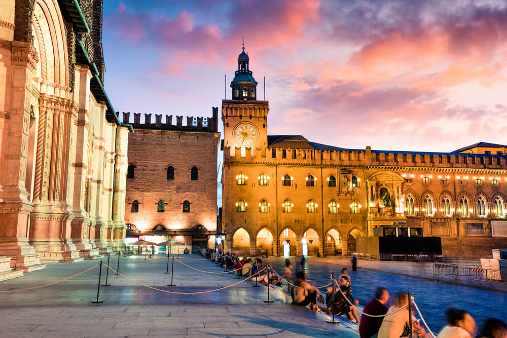 Colorful spring sunset on the main square of Bologna. attractions in Italy
