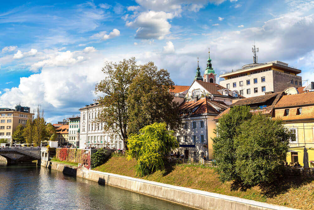 Ljubljana river in downtown in a summer day in Ljubljana, Slovenia. European destinations