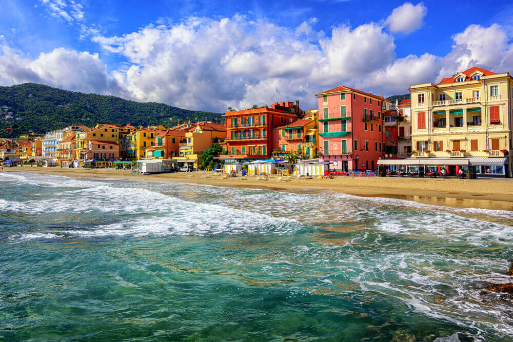 Mediterranean sand beach in traditional touristic town Alassio. attractions in Italy