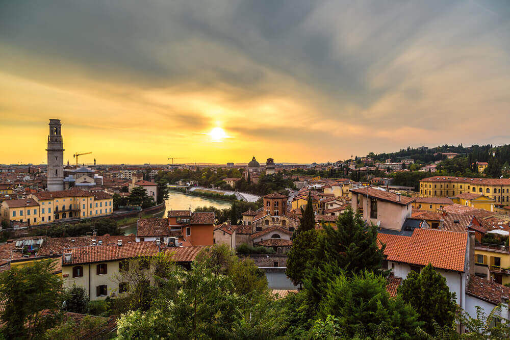 Panoramic view of Verona at sunset in Italy. Italy in September
