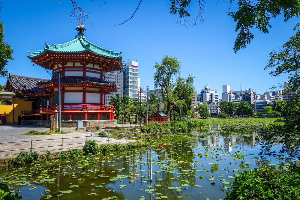 Shinobazu pond and Benten Hall Temple in Ueno, Tokyo, Japan. touring plans.