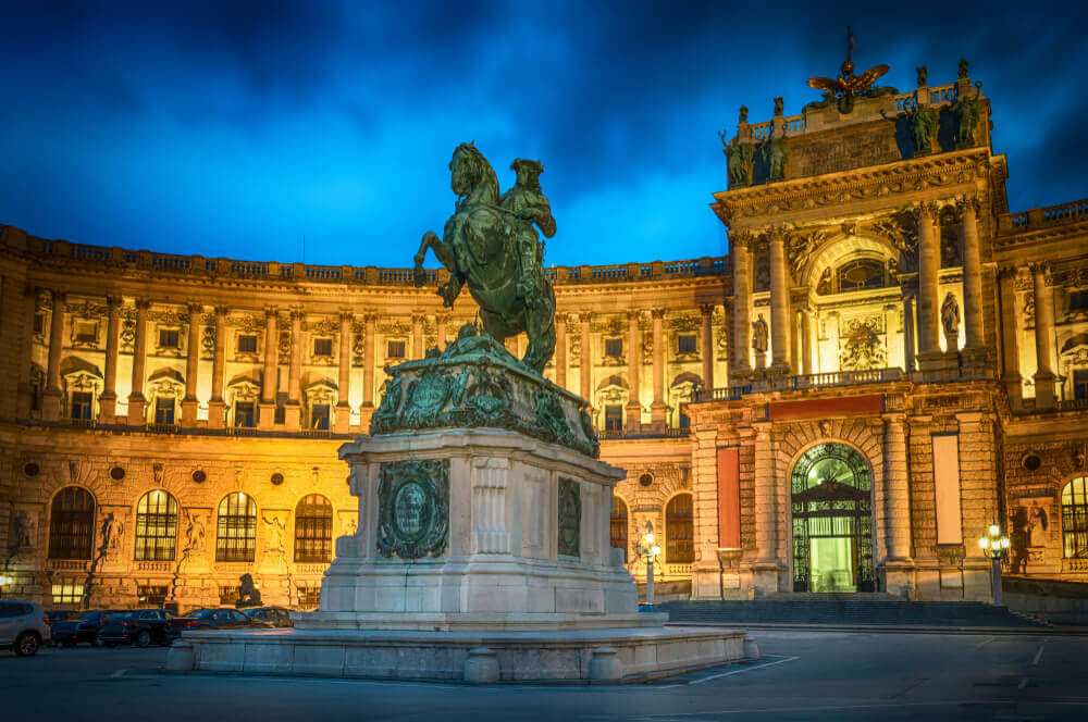 plan your trip. Statue of Emperor Joseph II. Hofburg palace in Vienna Austria - cityscape architecture background.