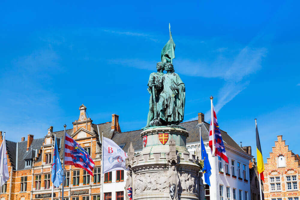 Statues of Jan Breydel and Pieter de Coninck at Grote Markt in Bruges, Belguim