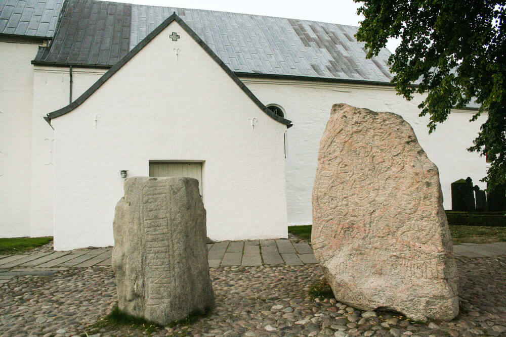 the church of Jelling and its runic stones in Jutland, , Denmark. viking tour